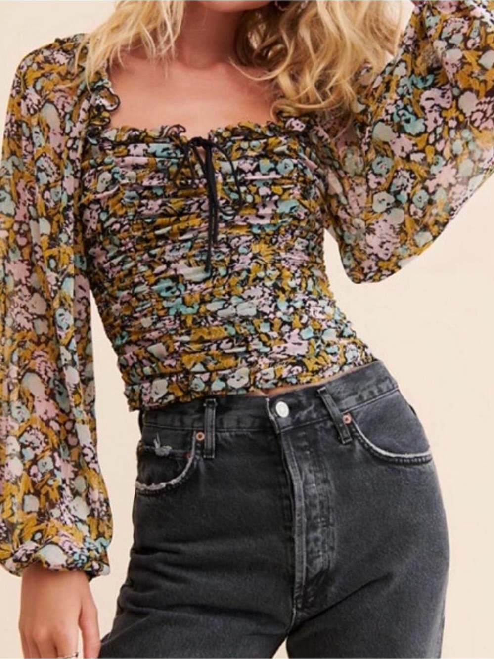 Free People Mabel Floral Ruffled Lace Trim Button-Down Tank Size M